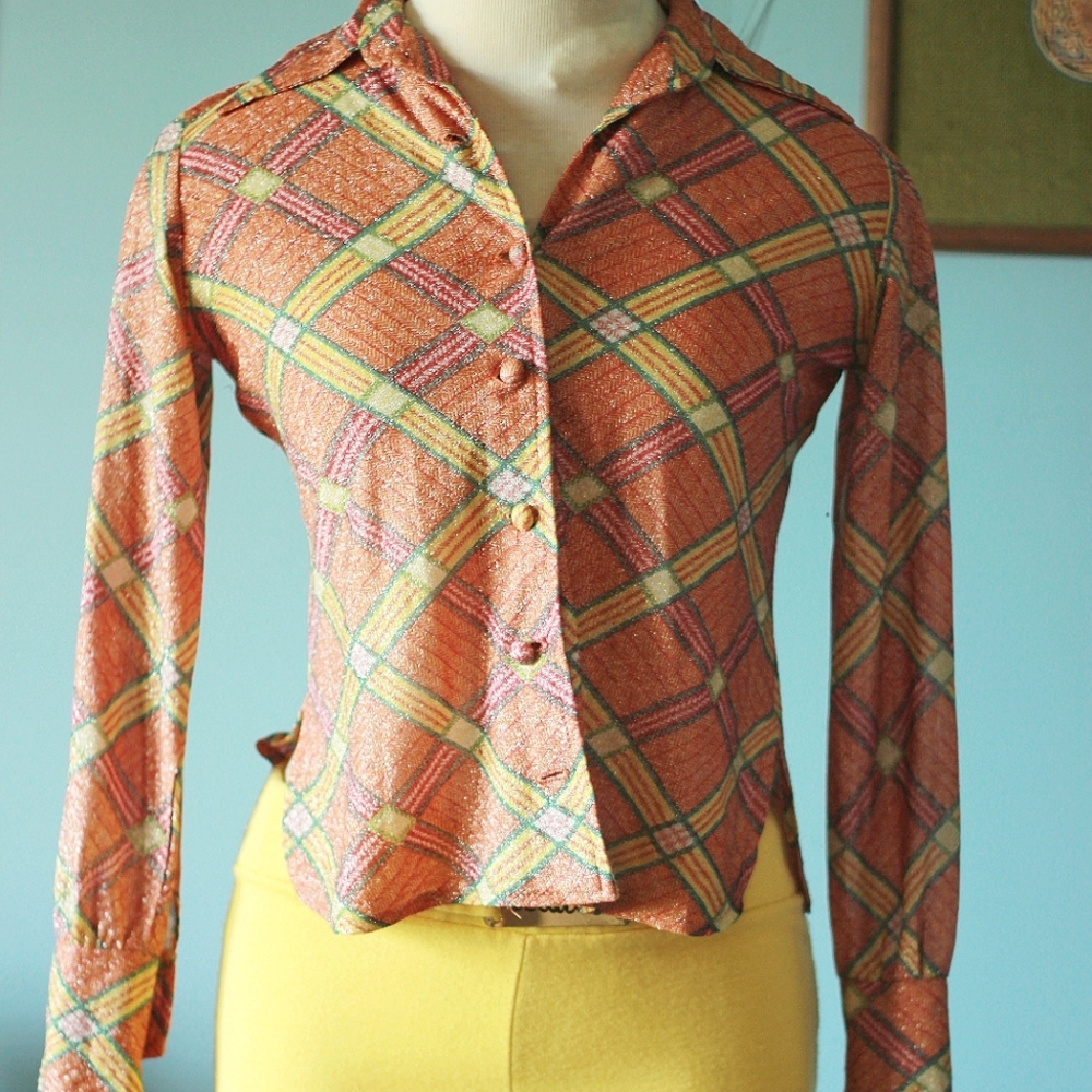 Vintage 70s pointed collar plaid sparkly blouse